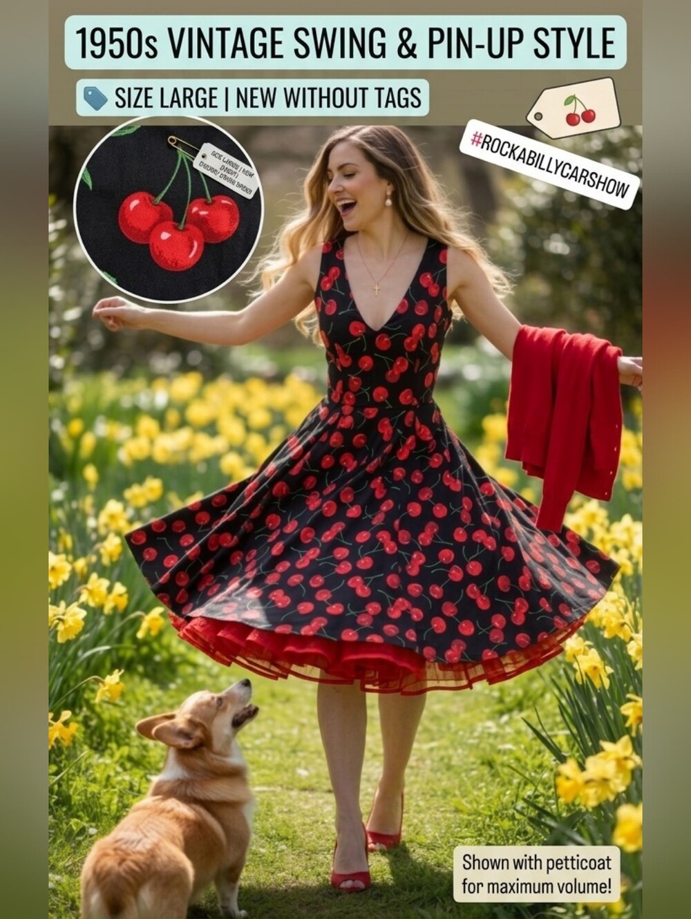 🍒NWOT! Ixia Vintage Black Cherry Print A-Line Swing Dress - Large